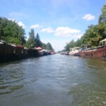 String of river boats on our tour of Maastricht by boat.